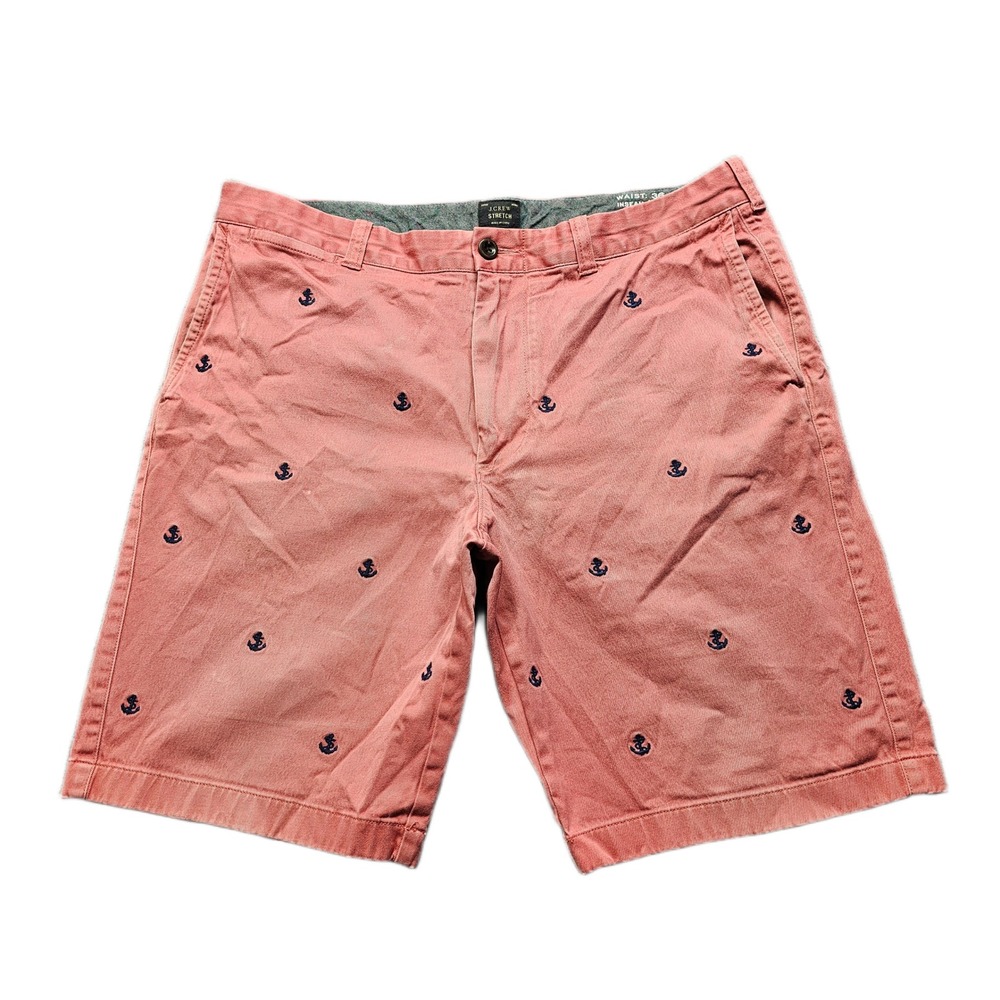 J.Crew Chino Shorts Mens Size 36‎ Coral Red Embroidered Anchor Nautical Stretch